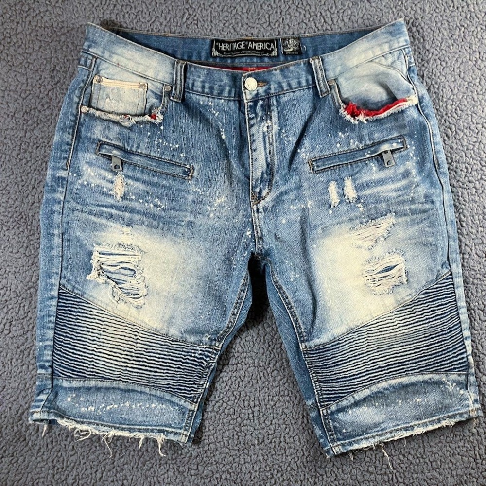 Heritage America Mens Size 42 Moto Denim Shorts Blue Distressed Paint Splatter